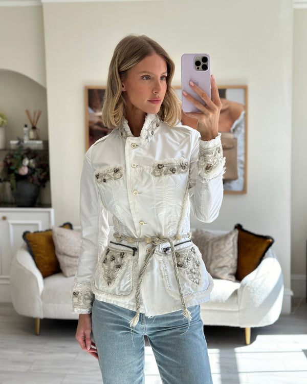 Ermanno Scervino White Distressed Jacket with Embroidery Details Size IT 40 (UK 8)