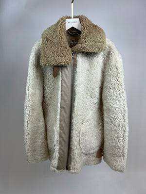 Acne Studios Cream and Beige Velocite Shearling Jacket with Leather Trim Detail UK 6