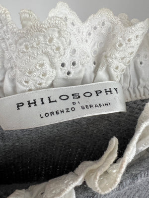 Philosophy Di Lorenzo Serafini Grey Lace Trimmed Jumper with Black Buttons Detail Jumper Size IT 38 (UK 6)