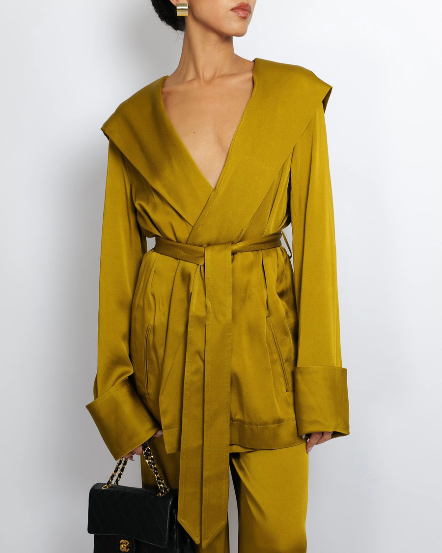 Saint Laurent Olive Green Silk Belted Jacket and Trouser Set with Hood Size FR 36/38 (UK 8/10)