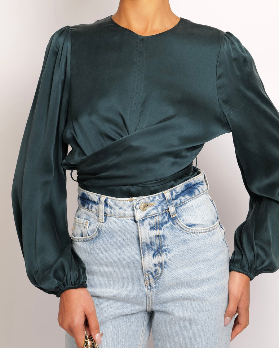 Zimmermann Dark Green Silk Long-Sleeved Wrap Top Size 2 (UK 12)
