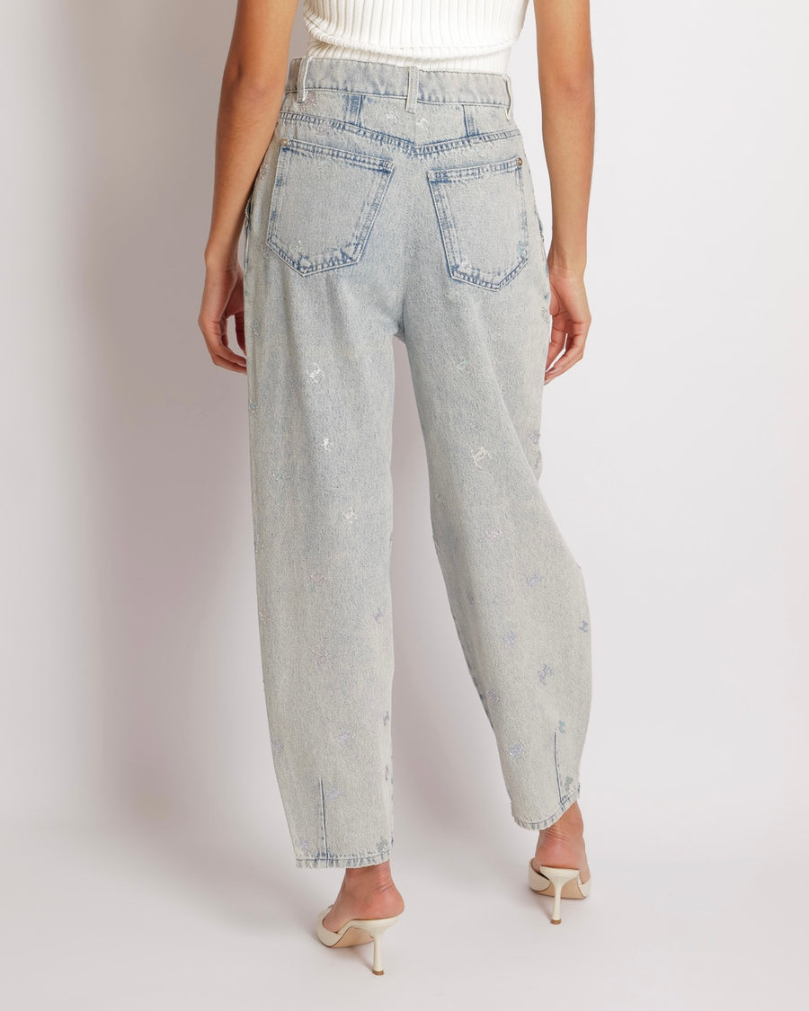 Chanel Light Blue Straight Leg High-Waisted Jeans with Turquoise, Lilac, and Silver Metallic CC Logos and Silver Button Detail Size FR 40 (UK 12)