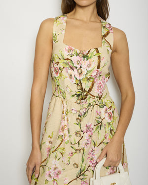 Dolce & Gabbana Beige Floral Sleeveless Mini Dress with Embellished Button Details Size IT 42 (UK 10)