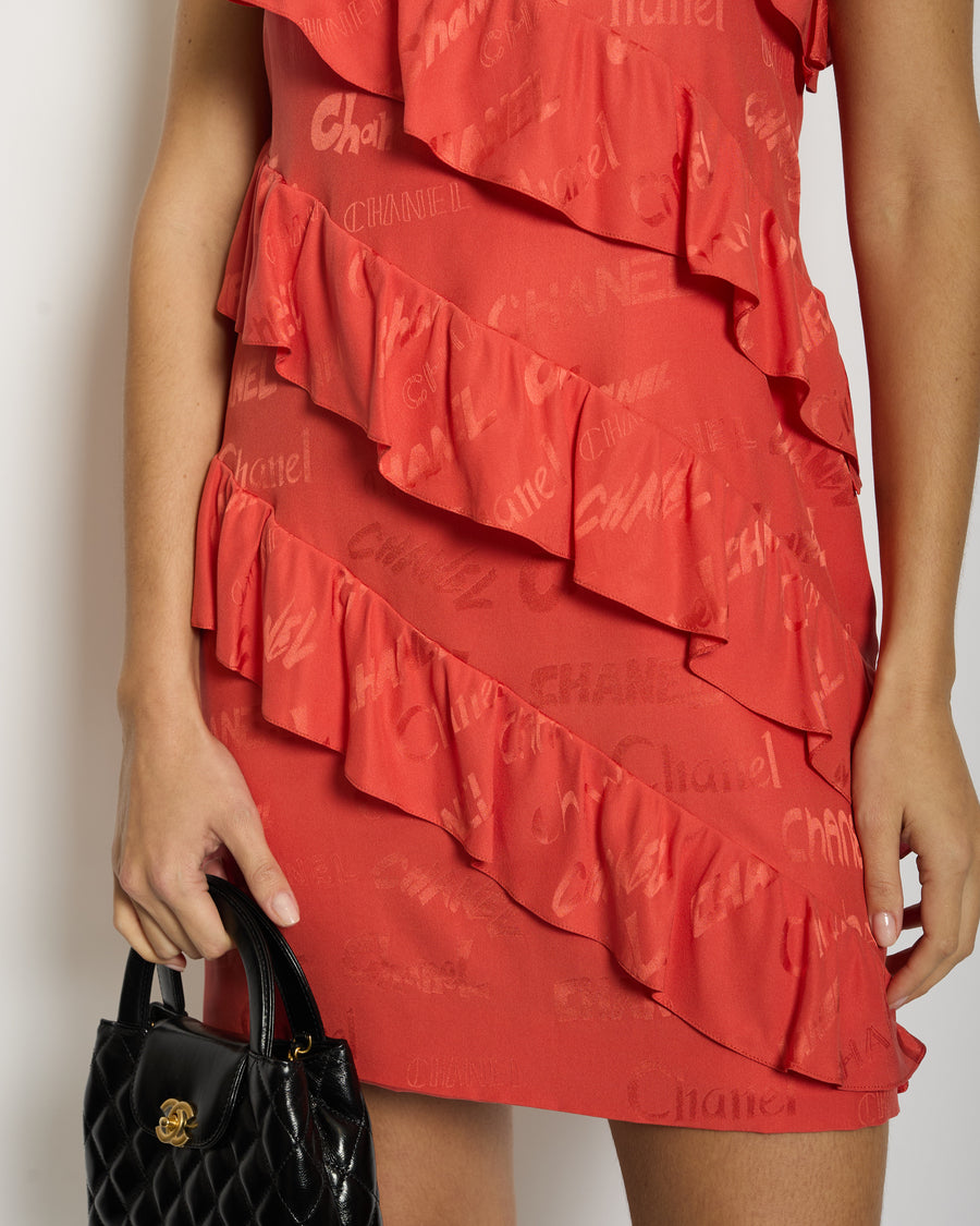 Chanel 22P Burnt Orange Silk Ruffled Dress with Logo Printed Detail RRP £3,960 Size FR 38 (UK 10)