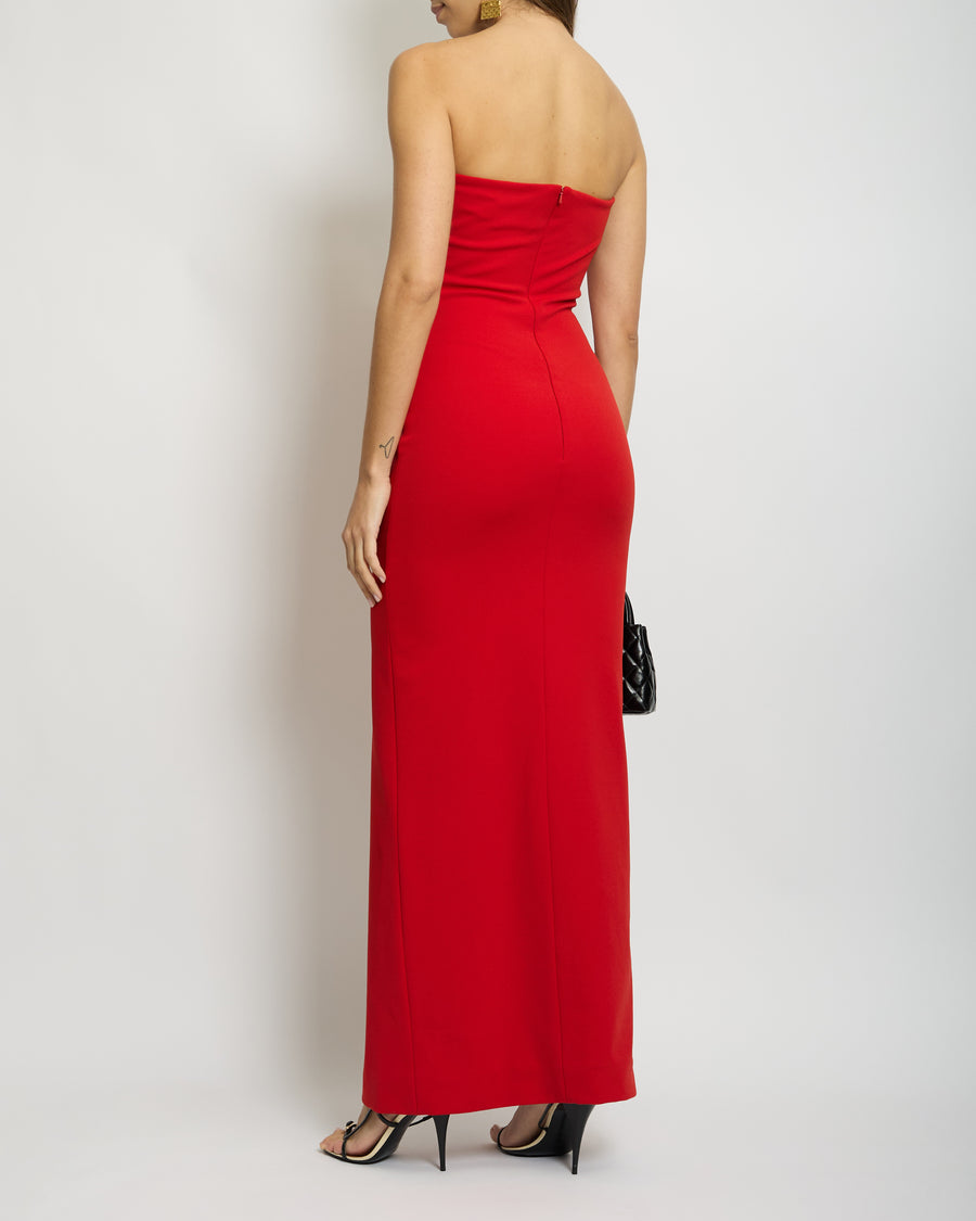 Solace London Red Strapless Maxi Dress with Split Detail at the Front Size UK 8