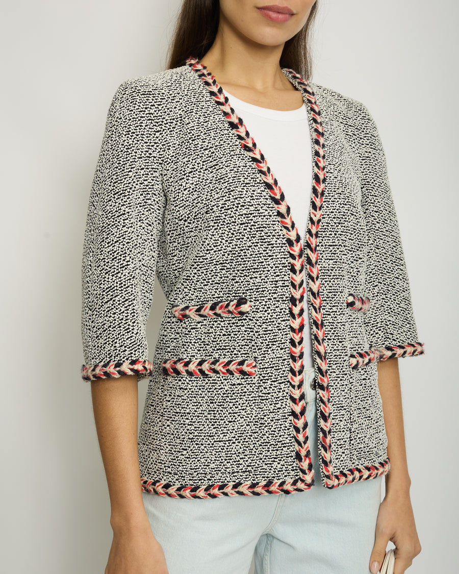 Chanel Black, White and Red Tweed Short Sleeve Blazer Braided Pocket Detail FR 38 (UK 10)