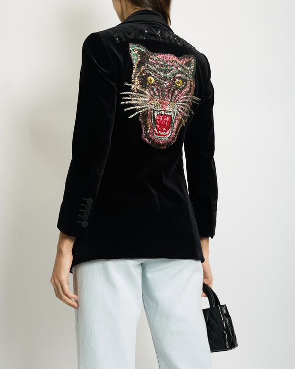 Gucci Black Velvet "HOLLYWOOD" Tiger Embellished Single Breasted Blazer IT 36 (UK 4)