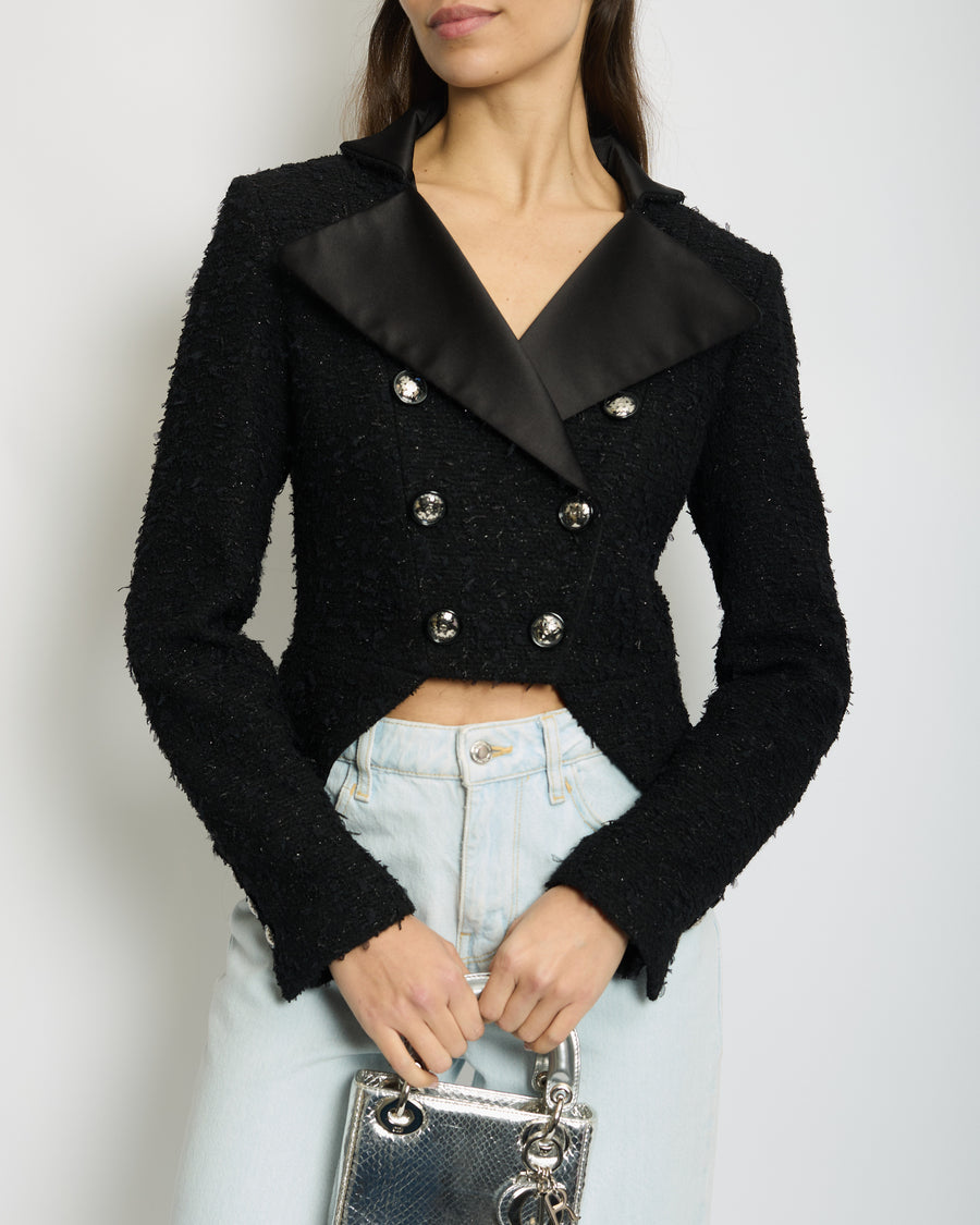 *HOT* Chanel 19K Black Metallic Tweed Cropped Blazer with Satin Collar and Snowflake Buttons Details&nbsp; Size FR 38 (UK 10) RRP £5,800