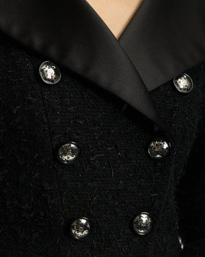 *HOT* Chanel 19K Black Metallic Tweed Cropped Blazer with Satin Collar and Snowflake Buttons Details&nbsp; Size FR 38 (UK 10) RRP £5,800