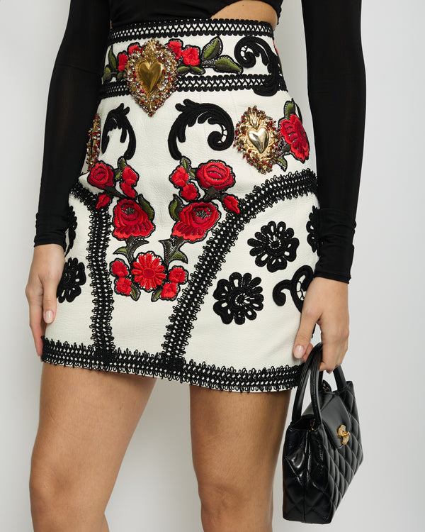 Dolce & Gabbana White Leather Floral Embroidered Skirt with Embellished Heart Detail IT 40 (UK 8)