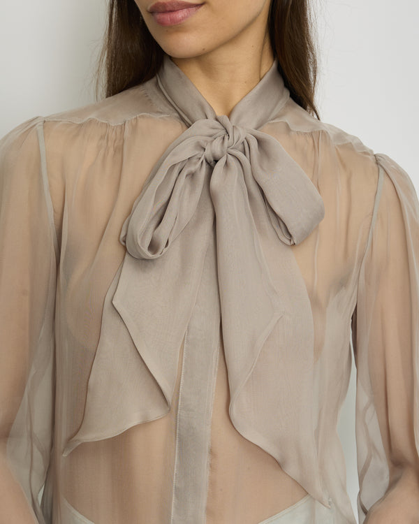Saint Laurent Dove Grey Silk Button Down Shirt with Neck Tie Detail FR 38 (UK 10)