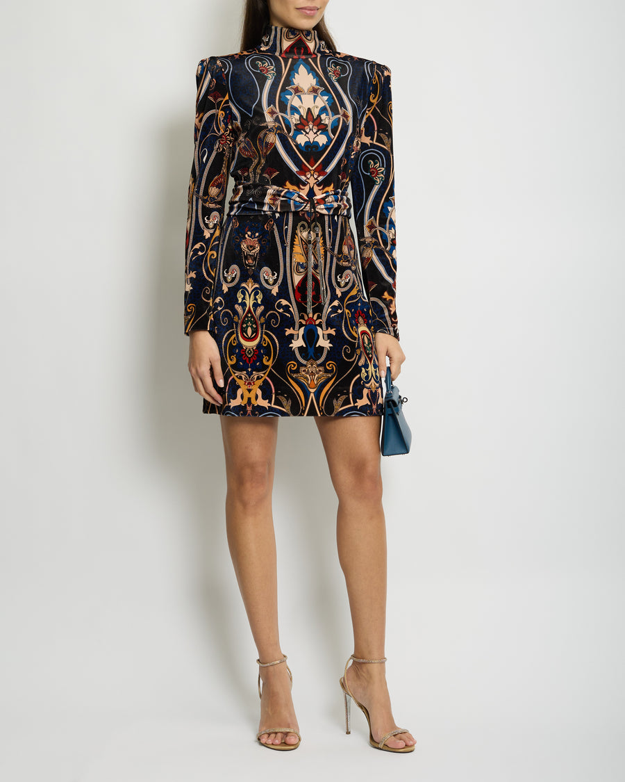 Dundas Velvet & Lace Paisley Print Long Sleeve Dress with Front Belt Detail IT 42 (UK 10)