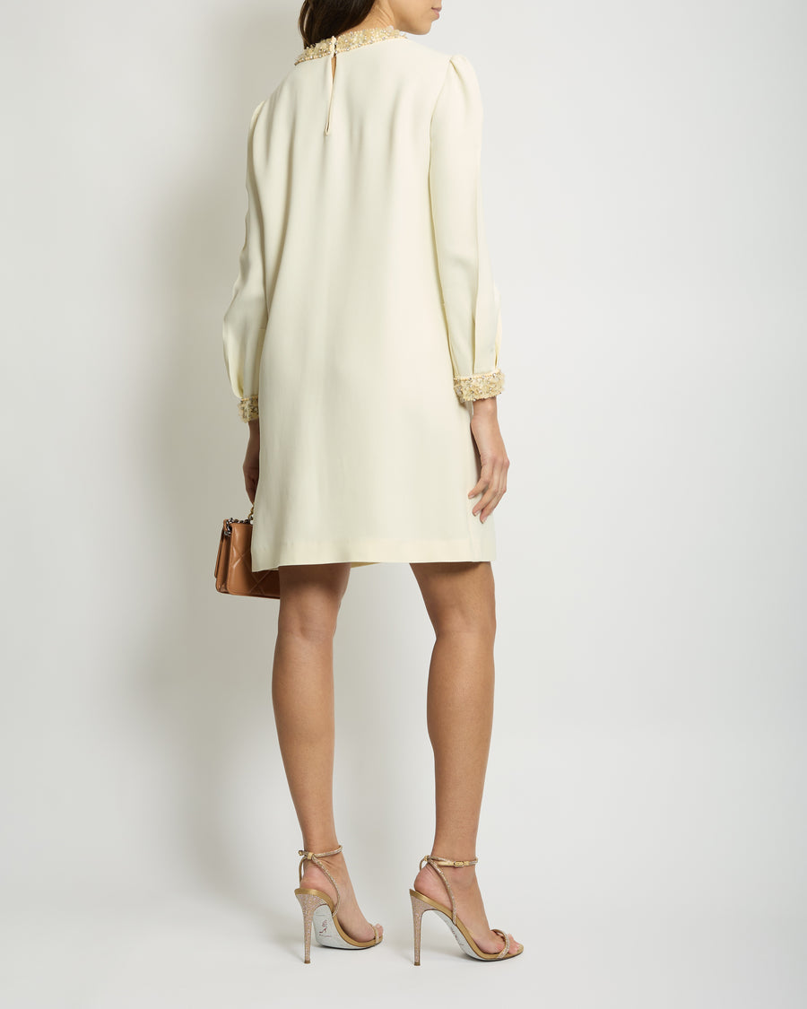 Miu Miu Cream Long-Sleeve Midi Dress with Crystal Embellishments Size IT 42 (UK 10)