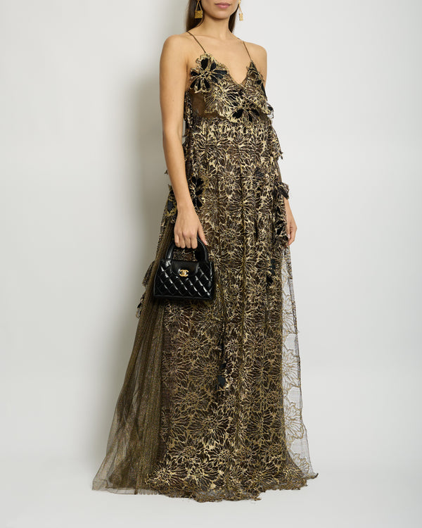 Alberta Ferretti Black and Metallic Gold Maxi Dress with Floral Suede Details IT 40 (UK 8)