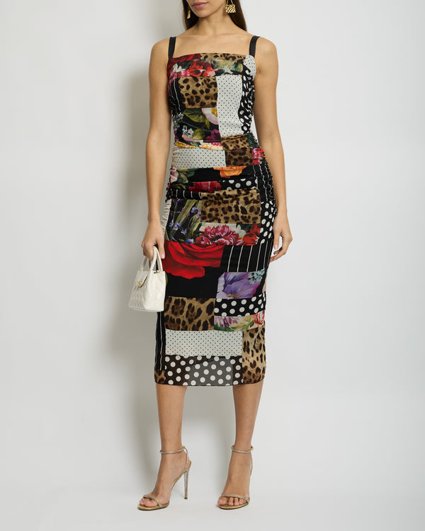 Dolce & Gabbana Multicolour Floral and Leopard Patchwork Silk Ruched Dress Size IT 42 (UK 10)