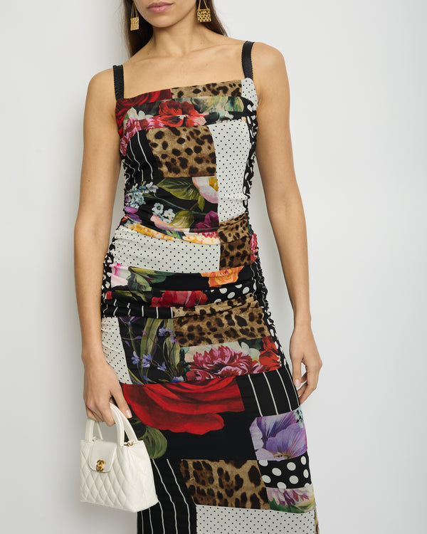 Dolce & Gabbana Multicolour Floral and Leopard Patchwork Silk Ruched Dress Size IT 42 (UK 10)
