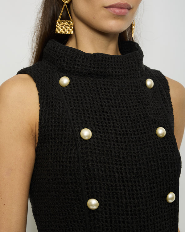 Chanel Black Crochet Sleeveless Dress with Pearl Button Detail Size FR 36 (UK 8)