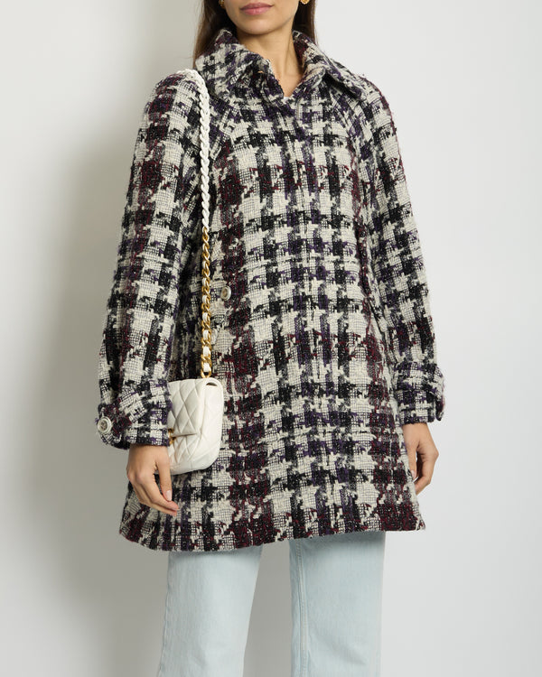 Chanel 19B Burgundy, Purple and White Houndstooth Longline Wool Coat with CC Button Detail Size FR 36 (UK 8) RRP £4700