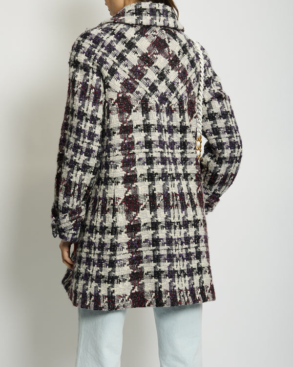 Chanel 19B Burgundy, Purple and White Houndstooth Longline Wool Coat with CC Button Detail Size FR 36 (UK 8) RRP £4700
