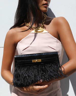*EXTRA RARE* Hermès Kelly Elan Folie Bag in Black Crocodile Porosus Lisse Leather, Black Plumes with Gold Hardware