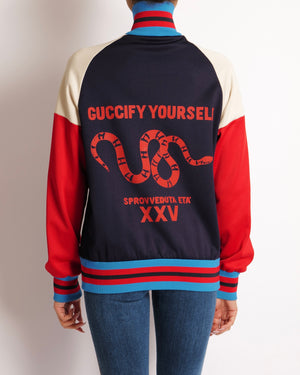 Gucci Blue, Red and Cream Tracksuit Jacket with Red Snake and Guccify Yourself Print Size M (UK 10)