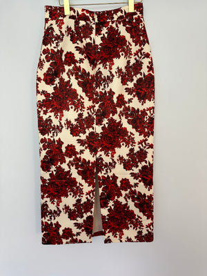 Emilia Wickstead Cream and Red Floral Crop Top and Midi Skirt Set Size UK 12