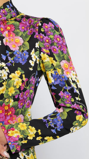 Dolce & Gabbana Black Silk Long-Sleeved Top with Multi-Colour Floral Print Size IT 40 (UK 8)