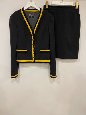 *HOT* Chanel 1994 Vintage Black and Yellow Wool Jacket & Midi Skirt Set with CC Logo Button Details Size FR 40 (UK 12)