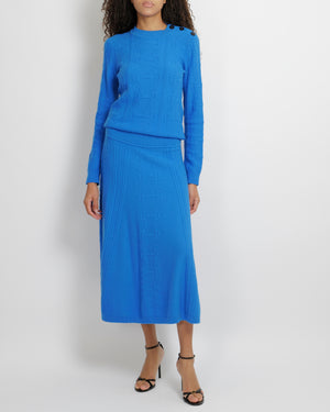 Hermès Blue Wool Knitted Midi Skirt with Embroideries Size FR 40 (UK 12)