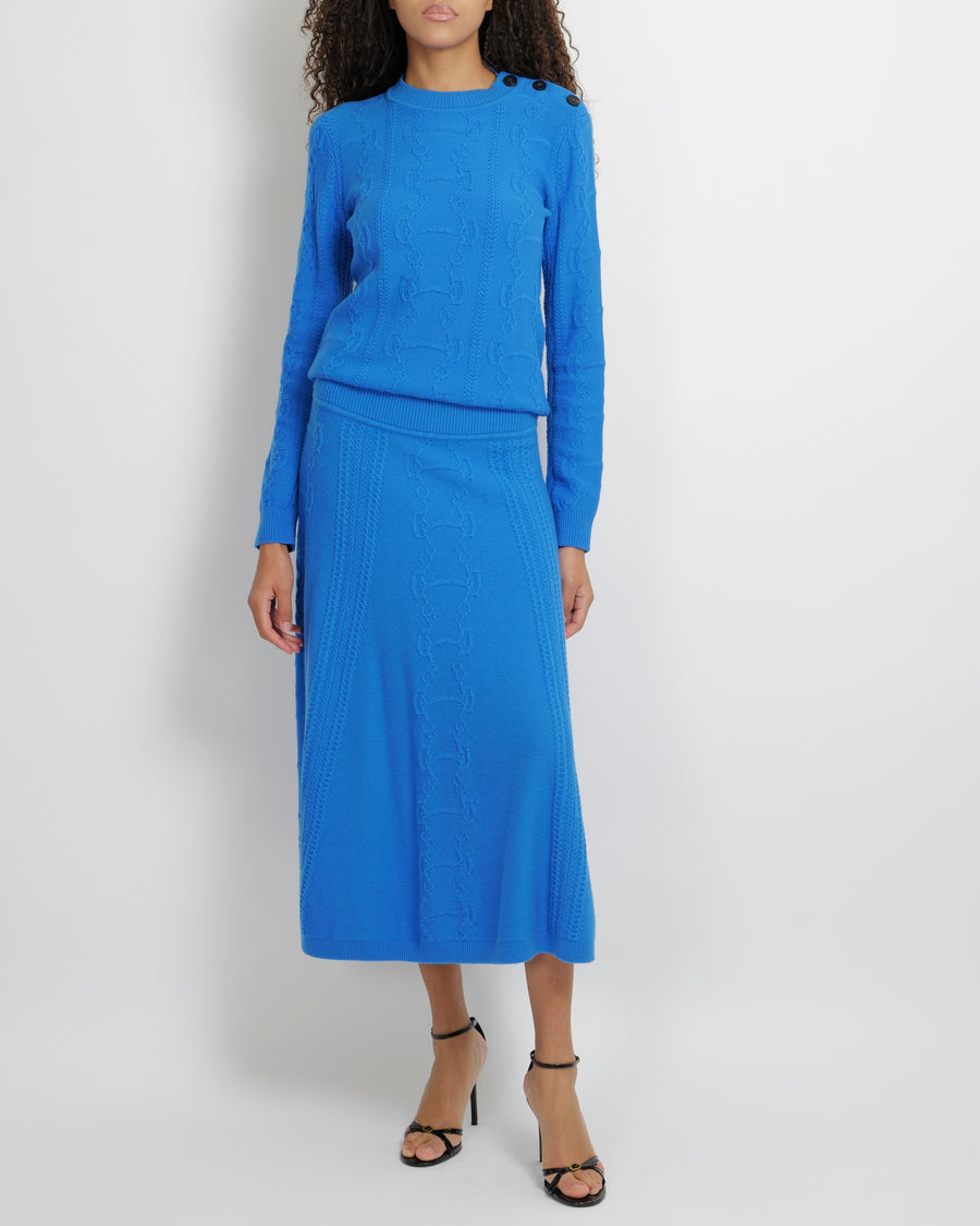 Hermès Blue Wool Knitted Midi Skirt with Embroideries Size FR 40 (UK 12)