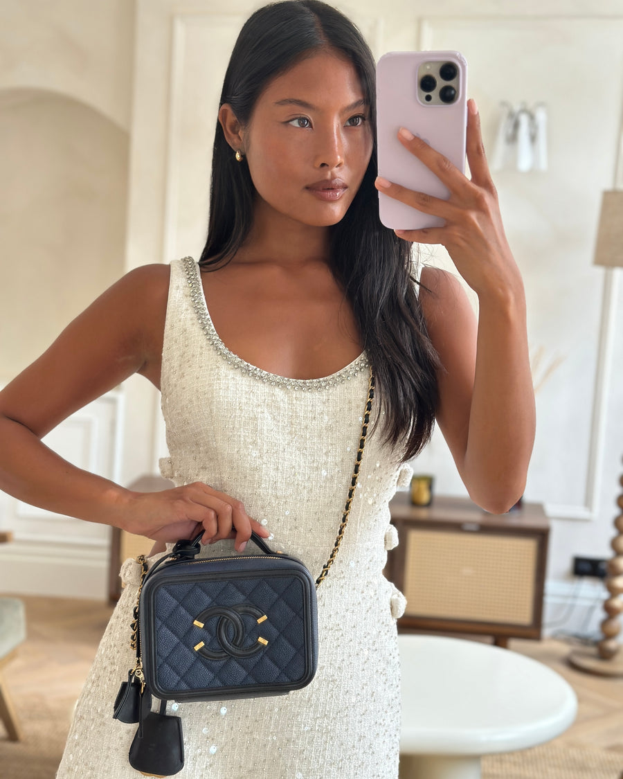 *HOT* Chanel Navy & Black Small Vanity Case Bag in Caviar Leather with Brushed Gold Hardware