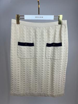 Chanel Cream Knitted Midi Skirt with Navy Pocket Detail Size FR 42 (UK 14)