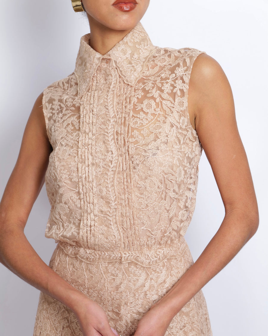 Ermanno Scervino Beige Lace Sleeveless Midi Dress with Waist Detail Size IT 40 (UK 8)