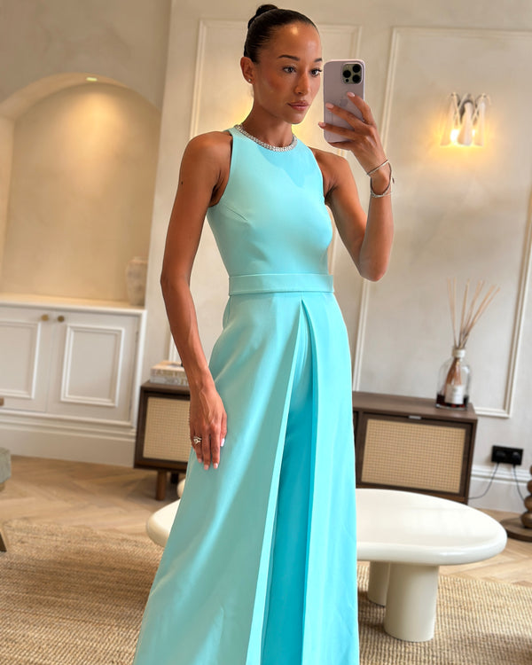 Safiyaa Tiffany Blue Eula Positano Sleeveless Wide Leg Jumpsuit with Sequin Embellished Neckline Detail IT 38 (UK 6)