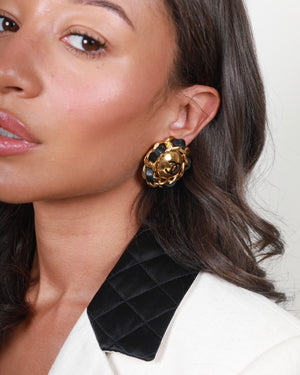 Chanel Black, Gold Large Round Chain Detail CC Logo Clip-On Earrings