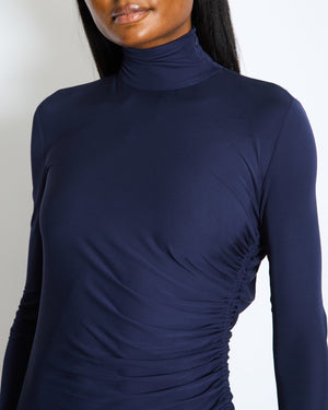 Bottega Veneta Navy Draped Maxi Dress with Side Ruching and Gold Knot Detail Size IT 36 (UK 4) RRP £1,880