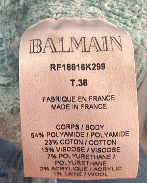Balmain Light Blue Short Sleeve Tweed Short Dress with Fringes & Gold Buttons Detail Size FR 38 (UK 10)