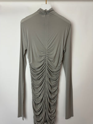 Magda Butrym Grey Ruched Stretch-Jersey Mini Dress with 3D Flower Appliqué Size FR 36 (UK 8)