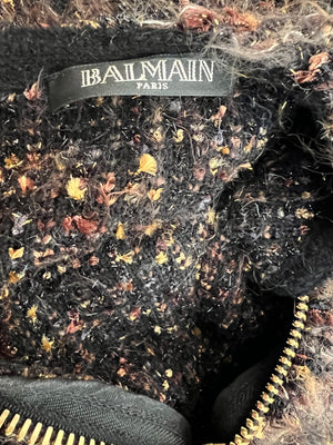 Balmain Brown Tweed Long-Sleeved Mini Dress with Metallic Details and Fringed Trims Size FR 38 (UK 10)