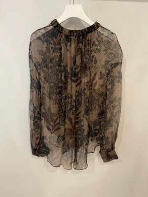 Brunello Cucinelli Brown Floral Printed Long-Sleeve Blouse Size M (UK 10)