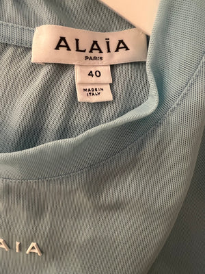 Alaia Light Blue Mesh Short-Sleeved Top with White Logo Detail Size FR 40 (UK 12)