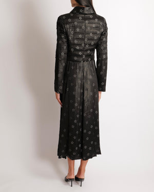 Chanel Cruise 2024 Black Shimmery Coat Dress with CC Logo Stars Embellishments and Black and Silver Crystal CC Logo Buttons Size FR 36 (UK 8)