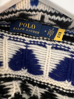 Polo Ralph Lauren White, Blue, and Black Wool-Blend Belted Cardigan with Fringe Trim Detail Size M (UK 10) RRP £795