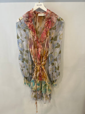Zimmermann Pink and Light Blue Floral Mini Dress with Ruffle Details and Braided Belt Size 3 (UK 14)