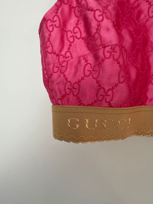Gucci Pink Silk Monogram Top Shorts Set with Beige Logo Elasticated Detail Size IT 38 (UK 6)