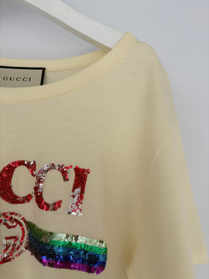 Gucci Cream Glitter Logo Embellished T-Shirt Size XS (UK 6)
