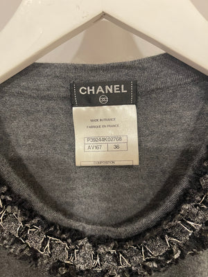 Chanel Grey Cashmere Top with Collar Embellishments and Sequin CC Logo Size FR 36 (UK 8)