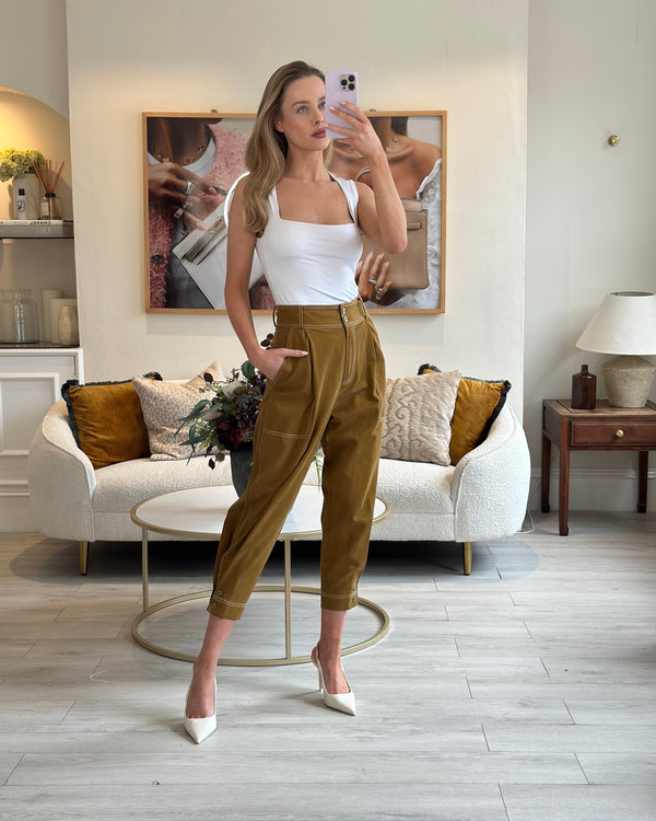 Ulla Johnson Brown Cargo Trousers with White Stitched Detail Size US 0 (UK 4)