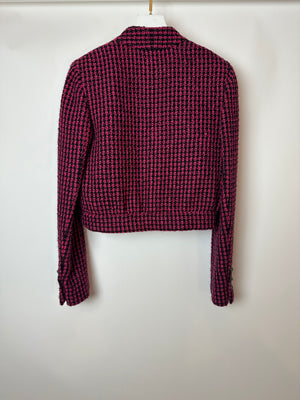 Chanel Black and Pink Tweed Cropped Collarless Jacket with Camellia Buttons and Brooch Detail Size FR 34 (UK 6)