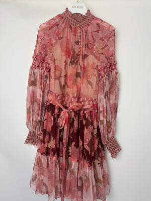 Zimmerman Pink Mixed Floral Printed Concert Spliced Lantern Mini Dress with Tie Belt Size 3 (UK 14)